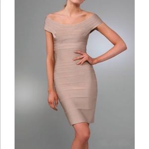 Herve Leger signature blush off the shoulder dress